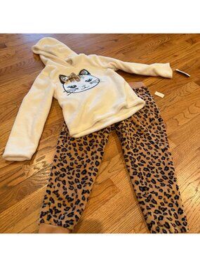 RACHEL ZOE GIRLS LEAPARD CAT COZY FLEECE 2 PIECE OUTFIT NEW MEDIUM 7/8